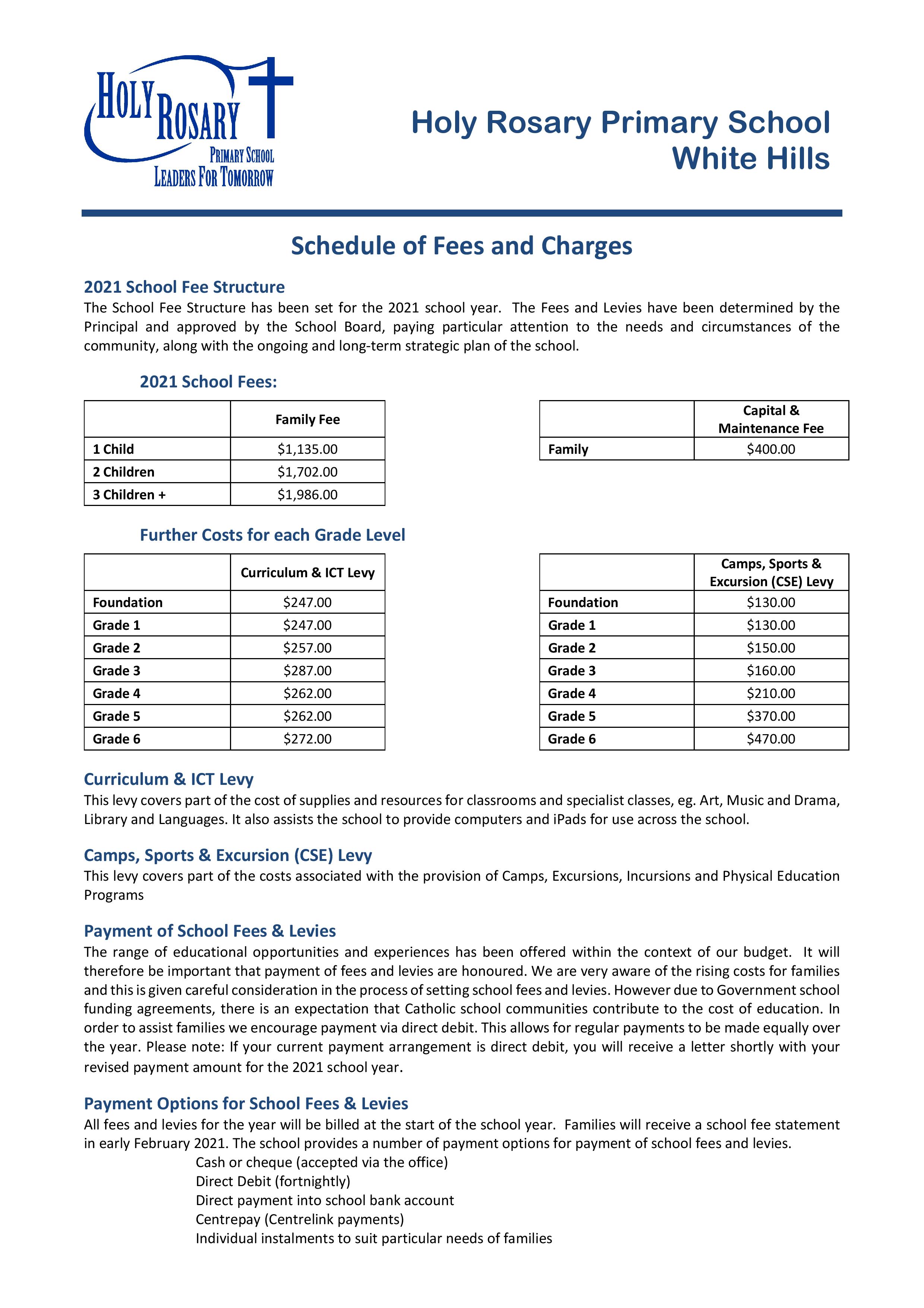 2020 Schedule of Fees Charges